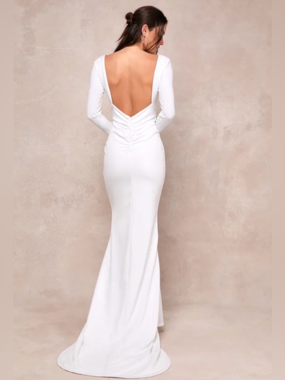NWT Lulus White Long Sleeve Low Back Deep Plunge Mermaid Wedding Dress Small